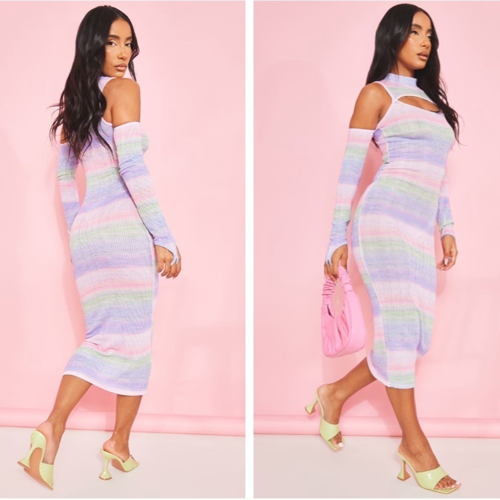 PrettyLittleThing MULTI SPACE DYE COLD SHOULDER FINGER LOOP MIDAXI DRESS size 0